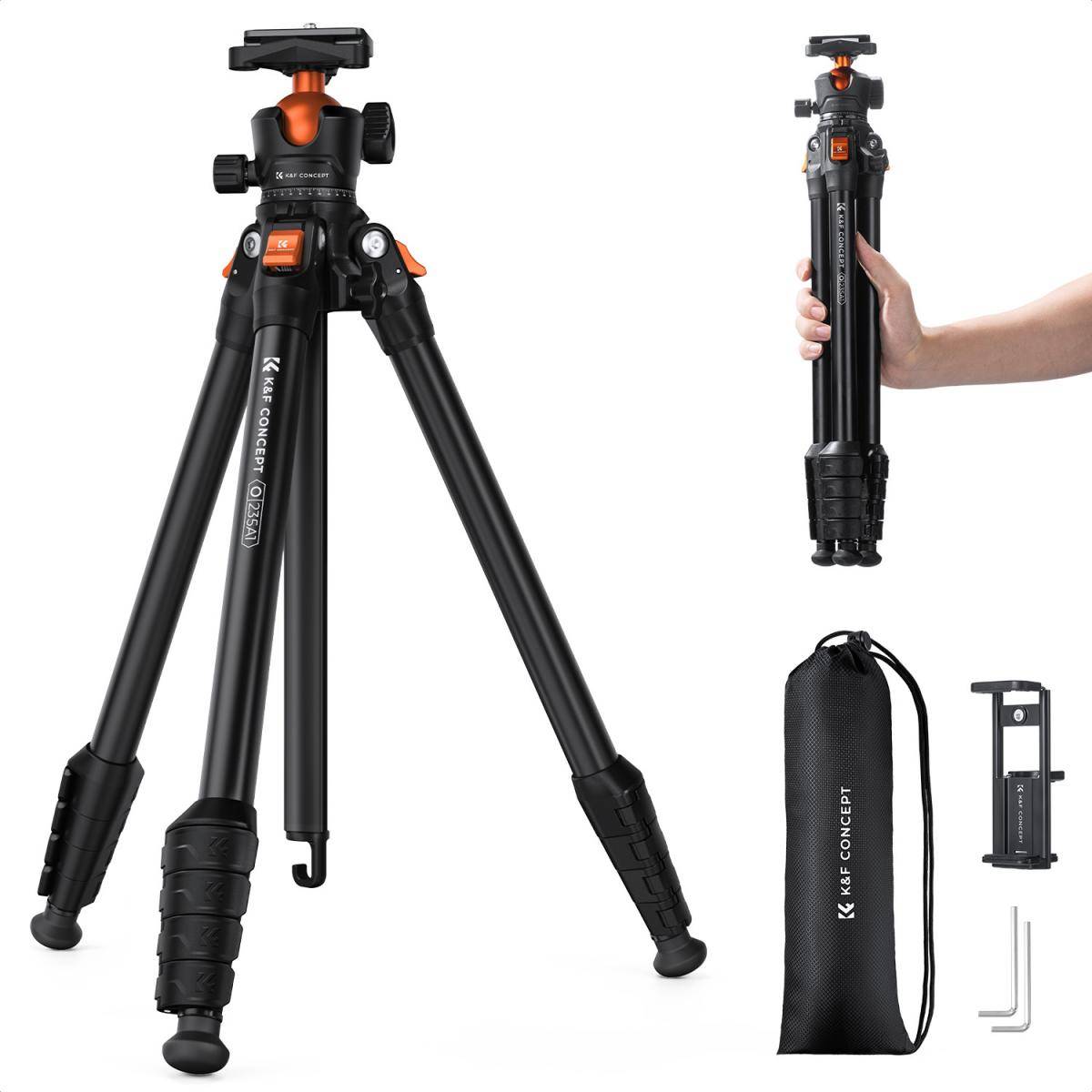 KENTFAITH 63" Aluminum Travel Tripod for Camera w Phone Holder, Non-Reversible Lightweight Compact Tripod Weighs 2.6lb, Max Load 22lb for Camera DSLR Mirrorless Spotting Scope Camcorders Phone K&F CONCEPT