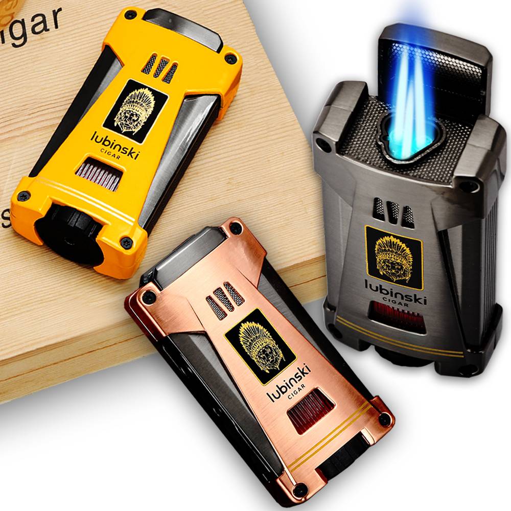 LUBINSKI Lighter Cigar Ignition Tool Metal Portable Butane Gas 3 Torch Lighter Cigar Accessories