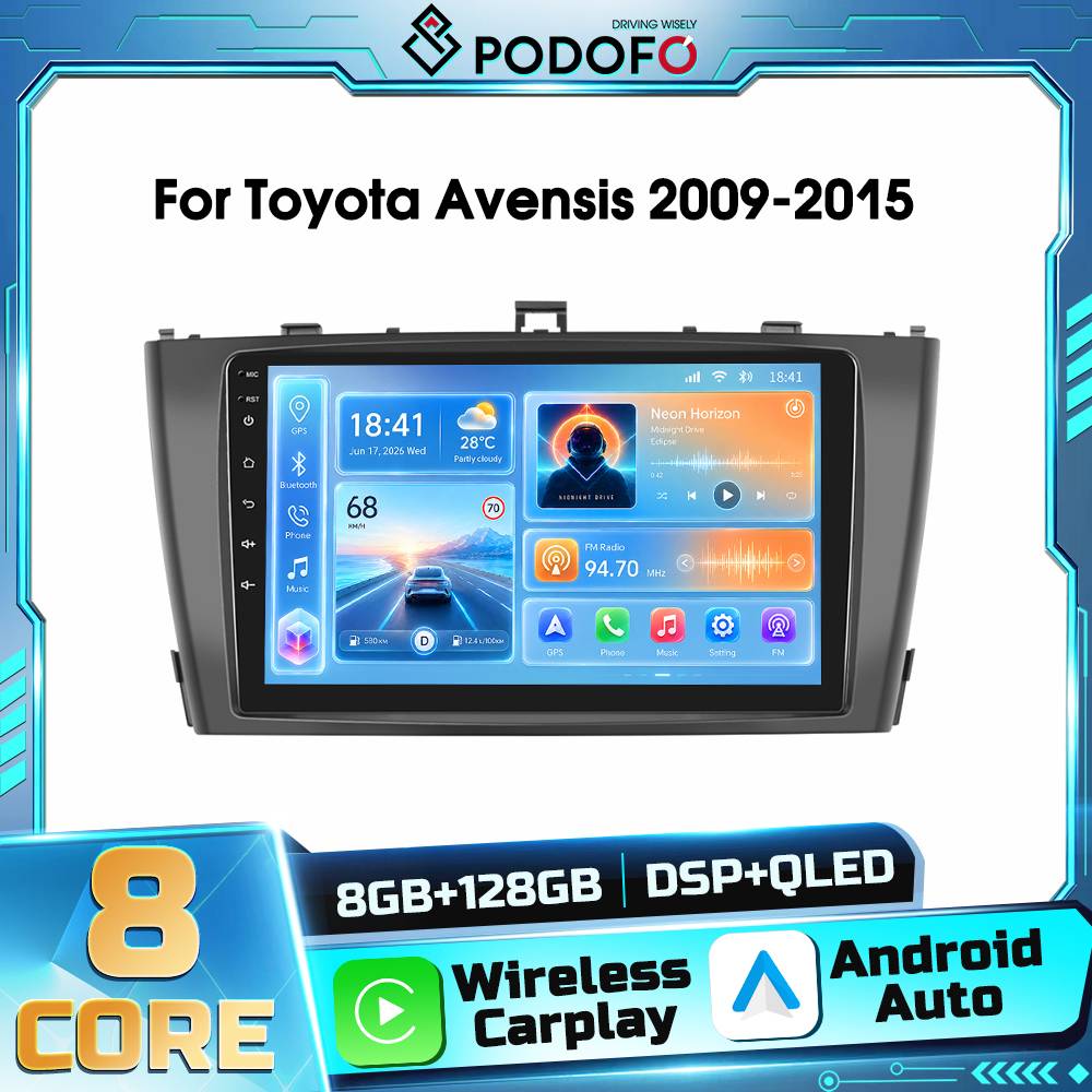 Podofo AI Voice  2din Android Car Radio for Toyota Avensis 2009-2015 Autoradio Receiver FM RDS Bluetooth WIFI DSP Wireless Carplay Android Auto GPS Navigation