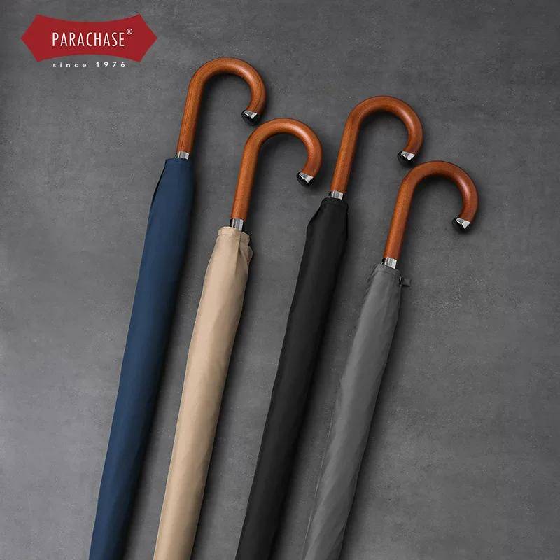 New Eight-Bone Wind-Resistant Long-Handle Umbrella 112cm Enlarged Umbrella Surface Men's Business Automatic Umbrella Retro Wooden Hook Handle Umbrella