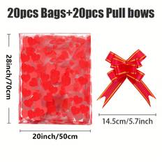 TEMU 20-pack Heart Print Cellophane Gift Bags With 20 Pull Bows – 20x28 Inch Transparent Plastic Basket Bags For Party Favors, Christmas, Wedding, Baby Shower, Bridal, Birthday, Anniversary &