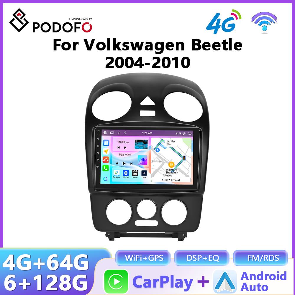 Podofo Wireless CarPlay Android Auto Car Radio For VW Volkswagen Beetle 2004-2010 GPS Navigation 2Din Multimedia Autoradio Stereo