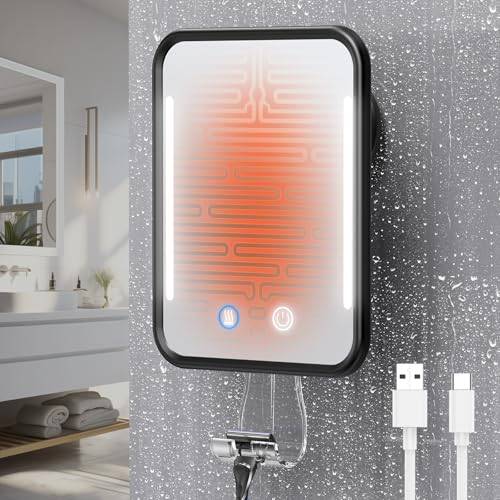 Gospire Beheizter Duschspiegel Fogless für die Rasur, 5000mAh Wiederaufladbarer Beleuchteter Dusch-Rasierspiegel mit Rasiermesserhalter, Abnehmbar & NO-Drilling, Badspiegel mit Saugnapf (Schwarz)