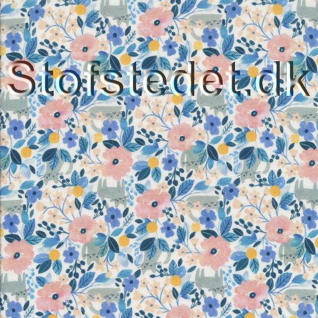 Patchworkstof med blomster og kat i hvid, lyserød, turkis.
