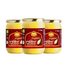 Ayurveda Foods - Organic Premium Bio Ghee 440 g (set om 3), mycket lång hållbarhet, ekologisk tätning, stek-matlagningsfett