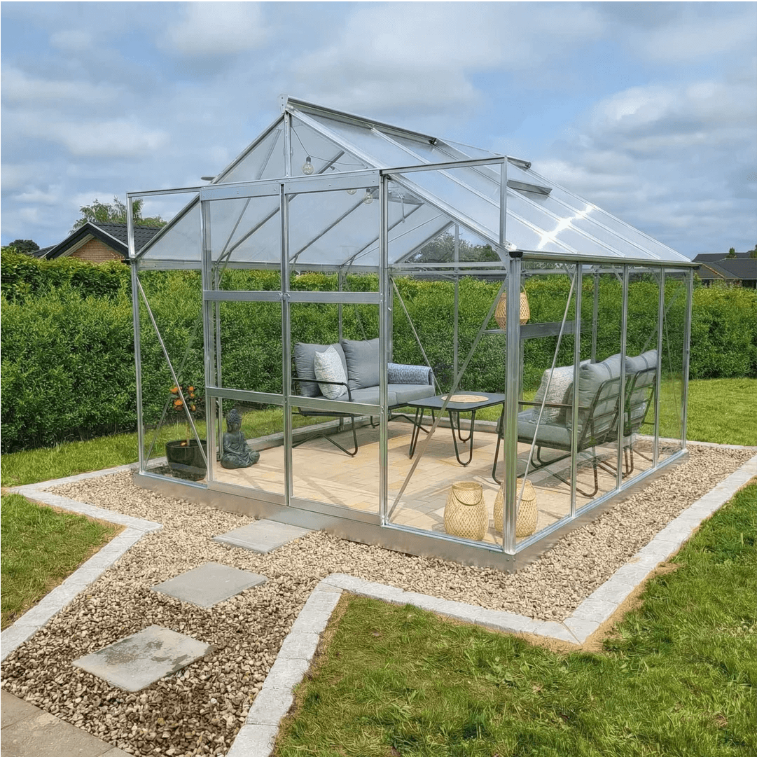 Drivhus Solid 8.5 M² - Ubehandlet aluminium / 4 mm hærdet glas komplet / Blank stål sokkel