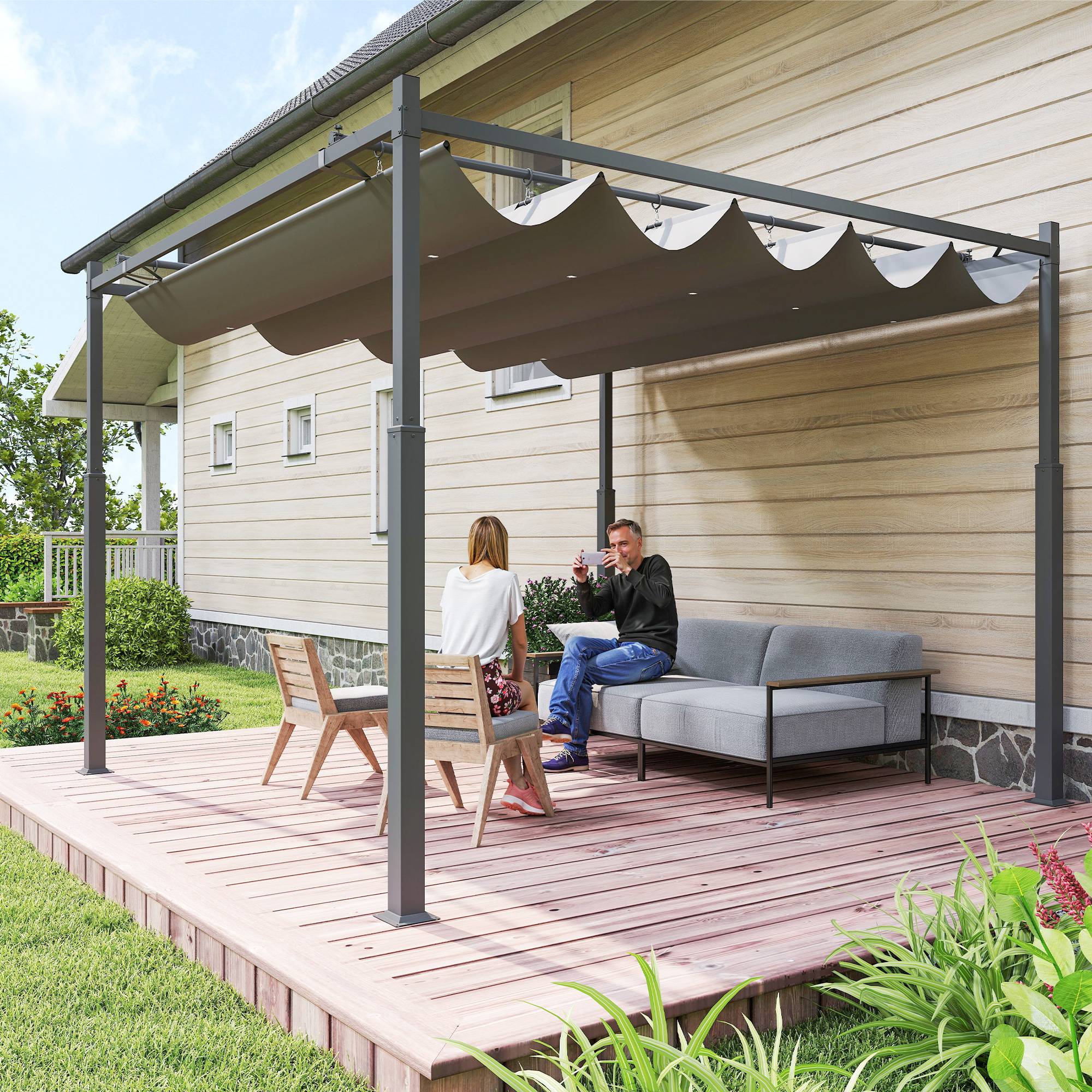 Pergola ca. 3x3 m, fritstående terrasseoverdækning med skydetag, magnetisk pude, 8 cm søjle, UV-bestandig