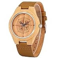 OSOLVE Läderarmband handgjort graverad kompass träklockor för män naturligt bambu trä armbandsur läderband klocka sport topp märke lyxig klocka, Kompass urtavla