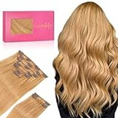 WENNALIFE Clip In Extensions äkta hår, 150 g, 60 cm, 9 st jordgubbar, blond clip-in-hårförlängningar, clips, hårförlängning, äkta hår