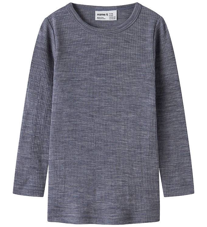 Name It Bluse - Uld - Rib - Noos - NmnWax - Folkstone Gray - Name It - 7-8 år (122-128) - Bluse