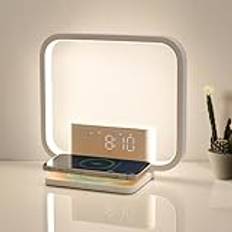 Dual Alarm Clock Bedside Table Lamp with Fast Wireless Charger Station for iPhone/Samsung, Wake Up Light Touch Desk Lamp with Snooze/Timer/10 Natural Sounds/3 Dimmable Nightstand Light for Bedroom