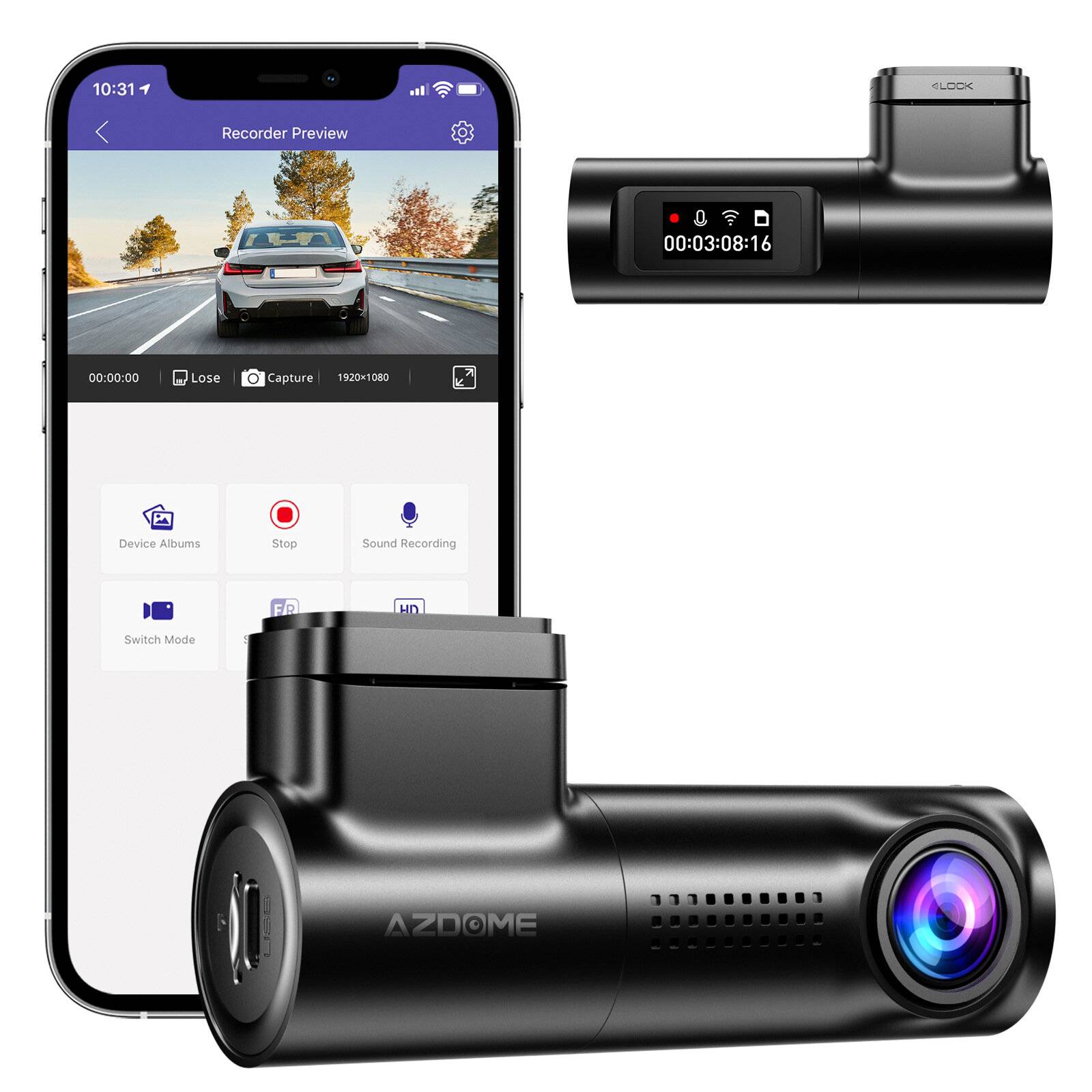AZDOME M330 bil Dash-kamera med 0.96" skärm 1080P Single-kanal med WDR GPS Wi-Fi röstkontroll G-Sensor
