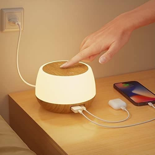 Görvitor Taktil sänglampa, dimbar LED-nattlampa med USB C+A laddningsportar 20 W, sänglampa med timing och RGB-minne för dekoration, barnrum, vardagsrum, kontor (ljust trä)