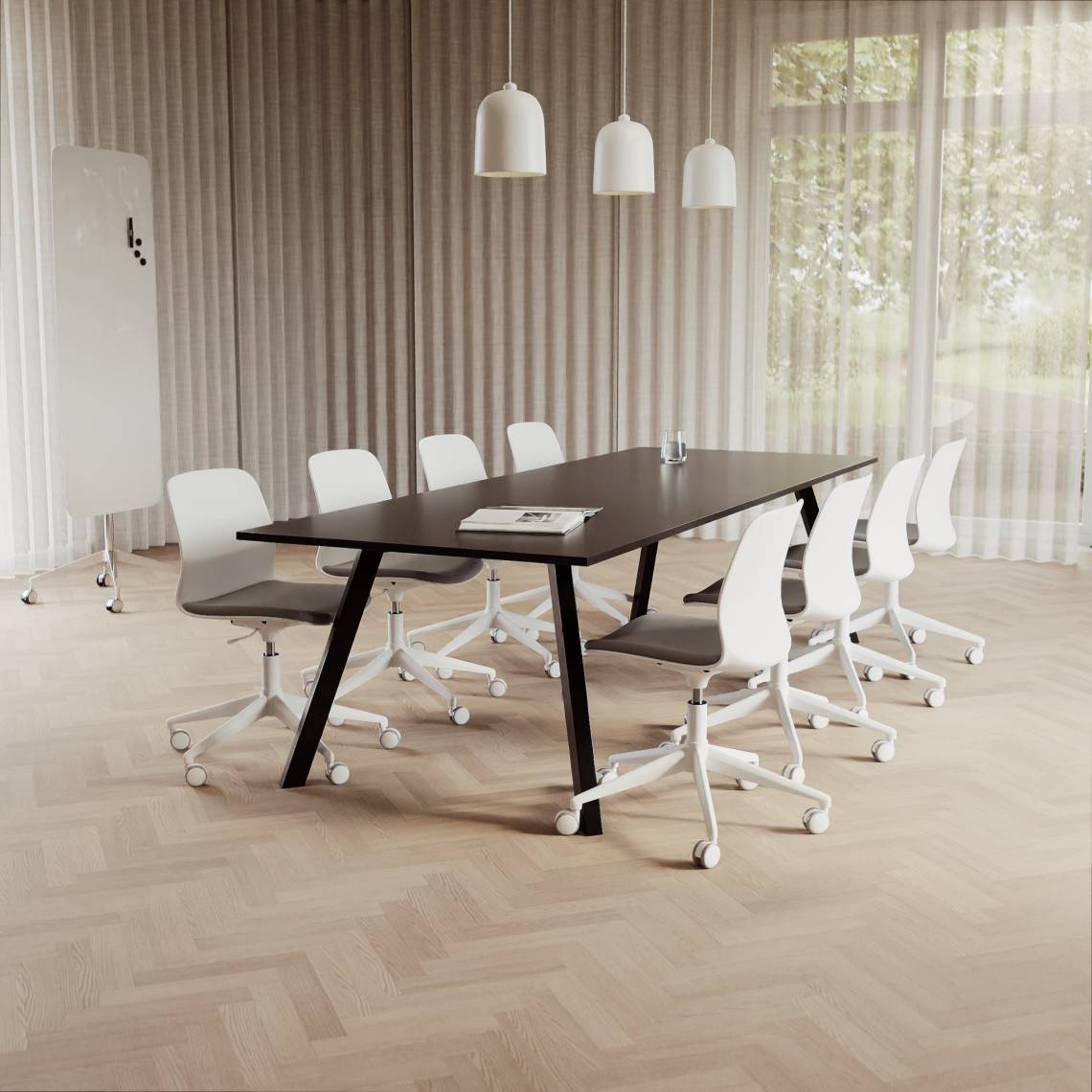 Konferensgrupp Viggo + Ergo 006C, Storlek 8 platser (280 cm), Bordsskiva Svart, Underrede Svart, Stol Vit / Ljusgrå