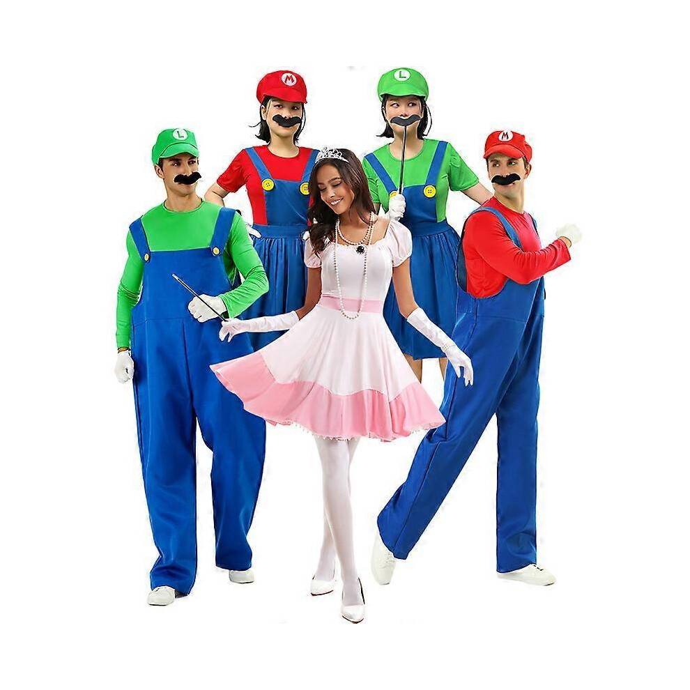 (2XL, red) Mario Cosplay Costume Halloween Party Game Uniform Couple Outfit Adult Kids