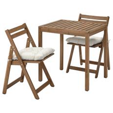 NÄMMARÖ bord och 2 klappstolar, utomhus, ljusbrunlaserad/Kuddarna ljust gråbeige, 75x63 cm