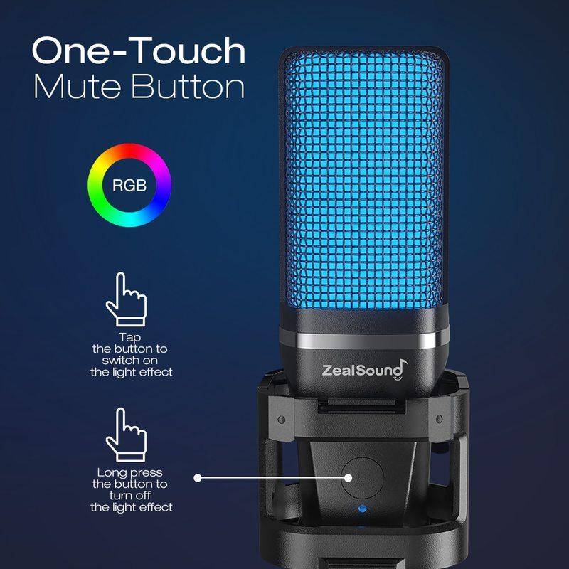 Zealsound RGB USB Condenser Gaming Microphone Computer Professional Mic For PC PS4 PS5 Mac Phone Recording Streaming Podcasting svart