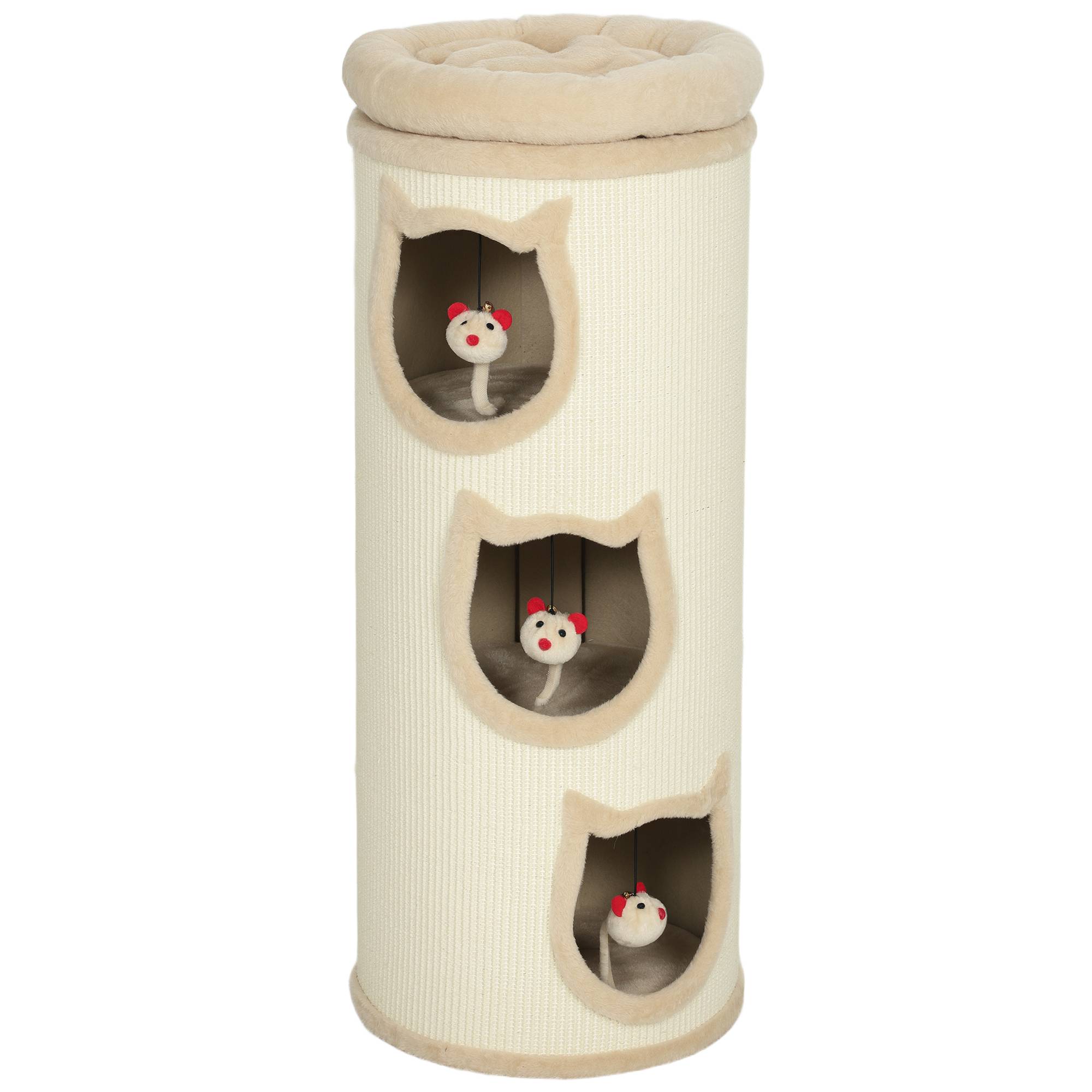 PawHut 3-Tier Cat House for Indoor Kittens, Cat Cave Bed with Scratching Pad, Plush Edge, Removable Plush Bed, 3 Dangling Mice