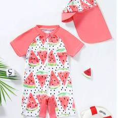 Spädbarn vattenmelon print tecknade badkläder med solhatt - Rosa (4Y,9-12M,12-18M,18-24M,2-3Y)