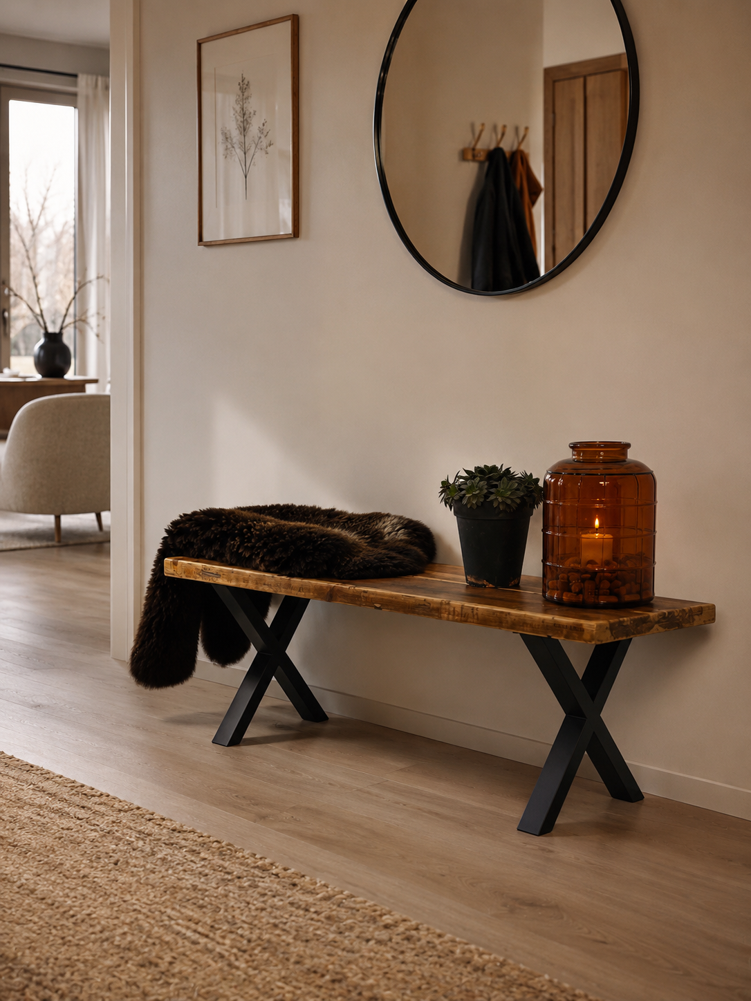 Bred Bænk af Genbrugsplanker på x-stel | 100 cm - Lakeret / Uden Hynde