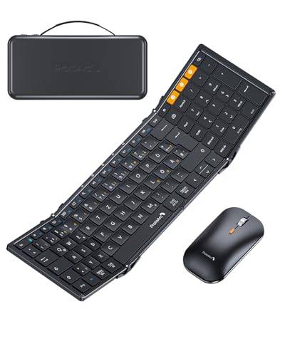 ProtoArc XKM01 vikbart tangentbord och mus | Bluetooth-tangentbord i full storlek vikbart med numeriskt tangentbord | 2,4 G + dubbelt Bluetooth-vikbart tangentbord QWERTZ-layout Windows/Mac/Android –
