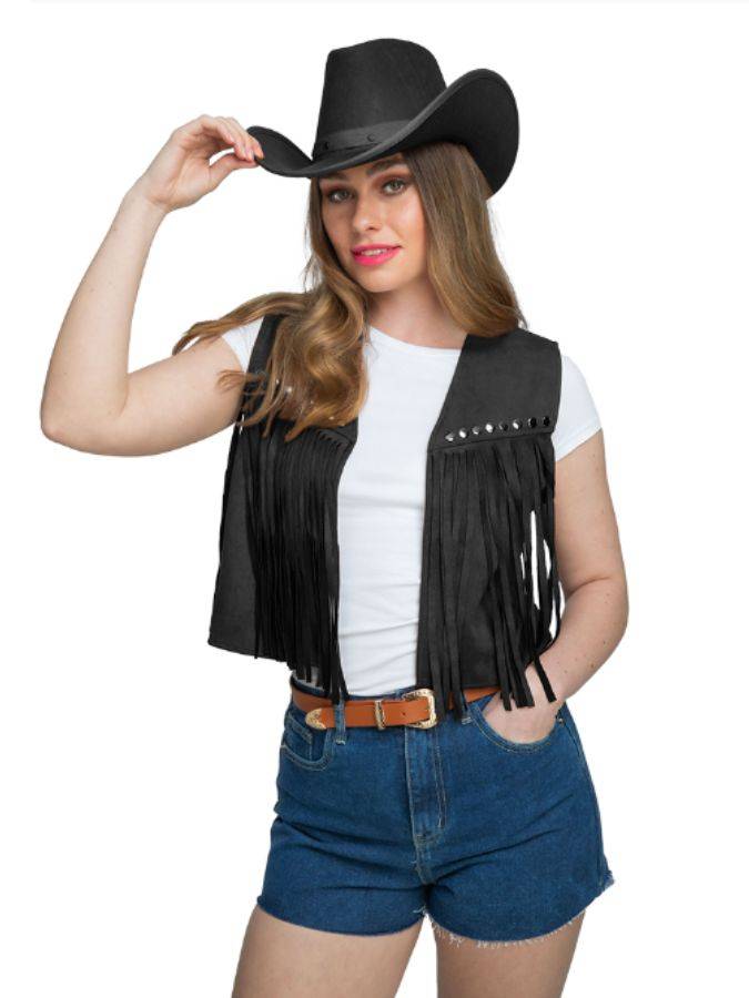 Sort Cowgirl Vest Deluxe med Frynser