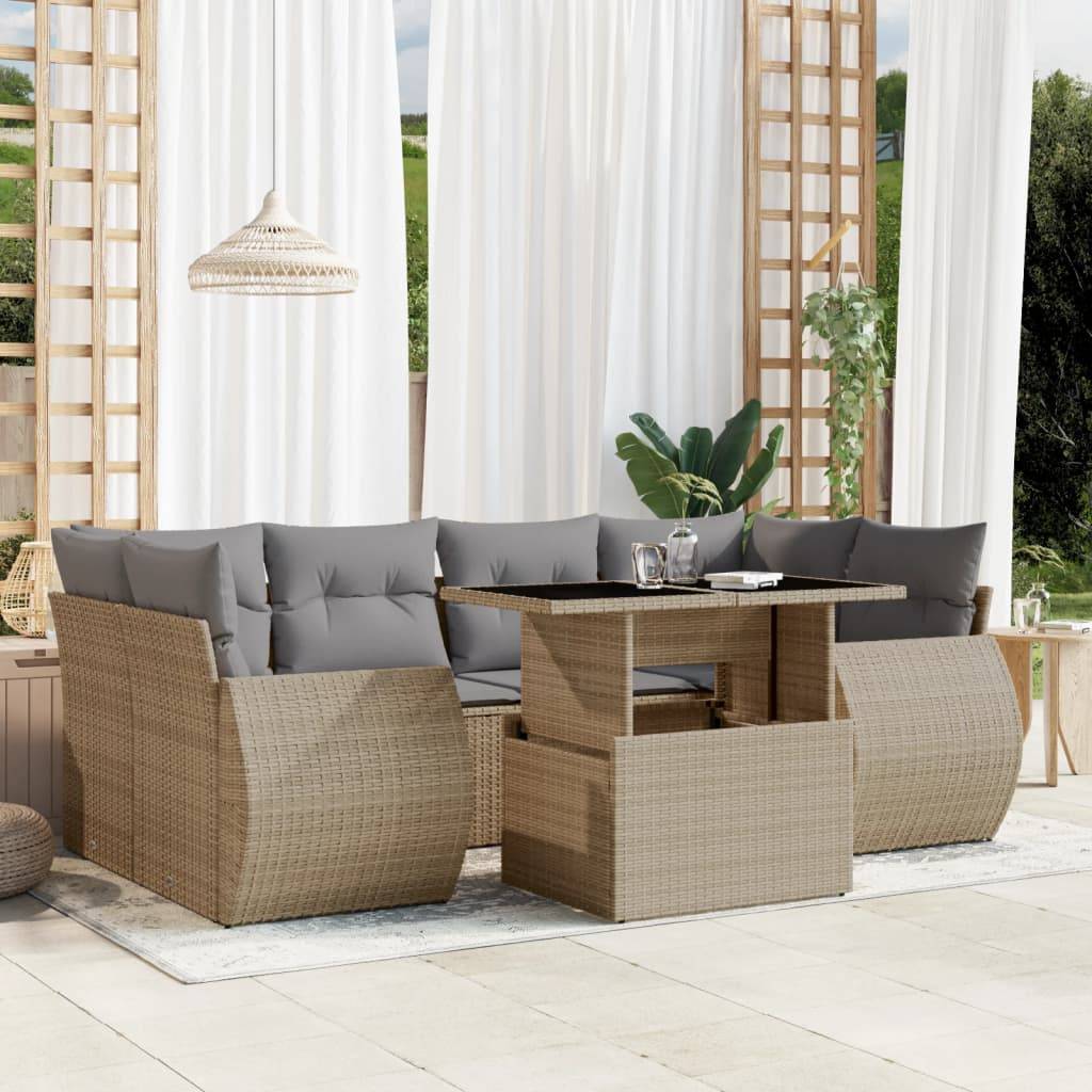 Sofasæt Til Haven 7 Dele Med Hynder Polyrattan - beige og grå / uden opbevaring