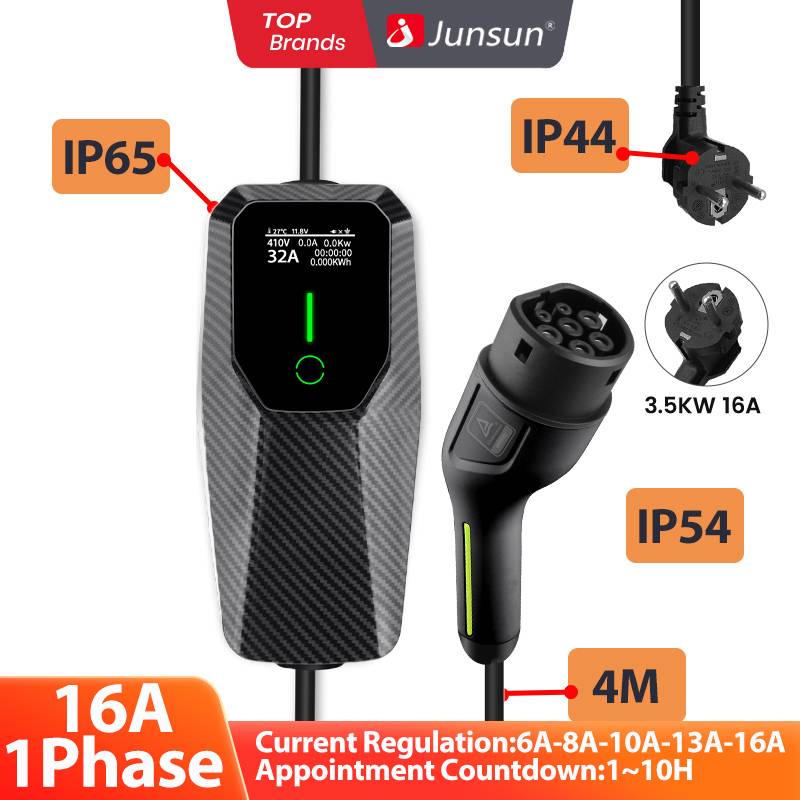 Junsun Type 2 EV Charger IP65 Fast 3.6KW/7KW/11KW/22KW 6A/8A/10A/13A/16A/20A/24A/32A Adjustable Portable Electric Vehicle Charging Station with Touch Control, Timer Charging, Scheduled Charging