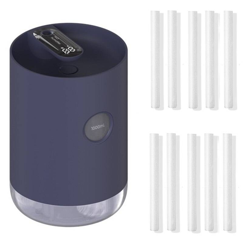 Hem luftfuktare 1l 3000 mah bärbar trådlös usb aroma vattendimma diffusor batterilivslängd visa aromaterapi luftfuktare - Blått och 10 filter