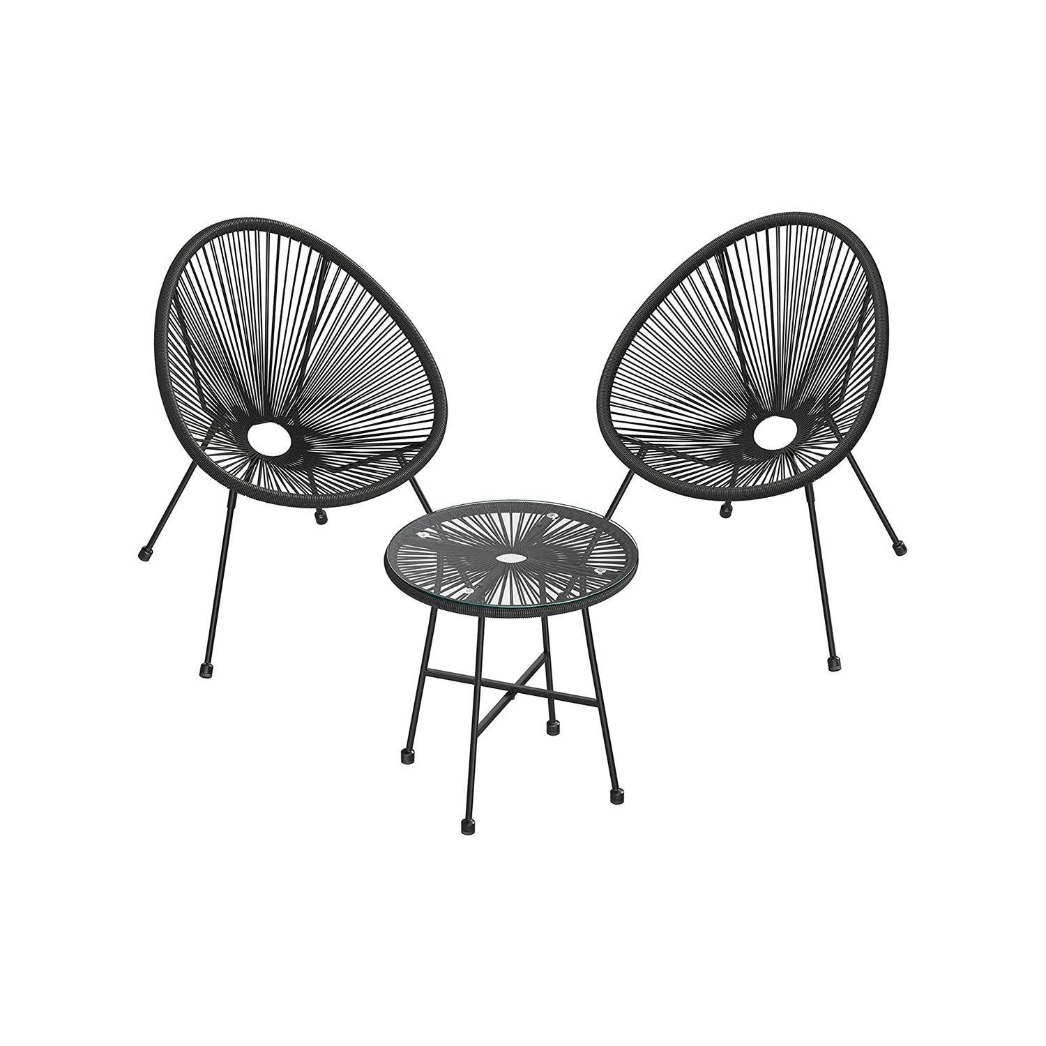 SONGMICS Garden Patio Furniture Set 3 Pieces, Acapulco Chair, Outdoor Seating, Glass Top Table and 2 Chairs, Indoor and Outdoor Conversation Set, Blac