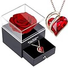 Bevarad äkta roslåda med österrikiskt kristallhalsband, evig röd ros med 925 sterling silver kärlekshjärta ädelsten hänge, rubin månadssmycke, förtrollad blomma granat halsband present till kvinnor