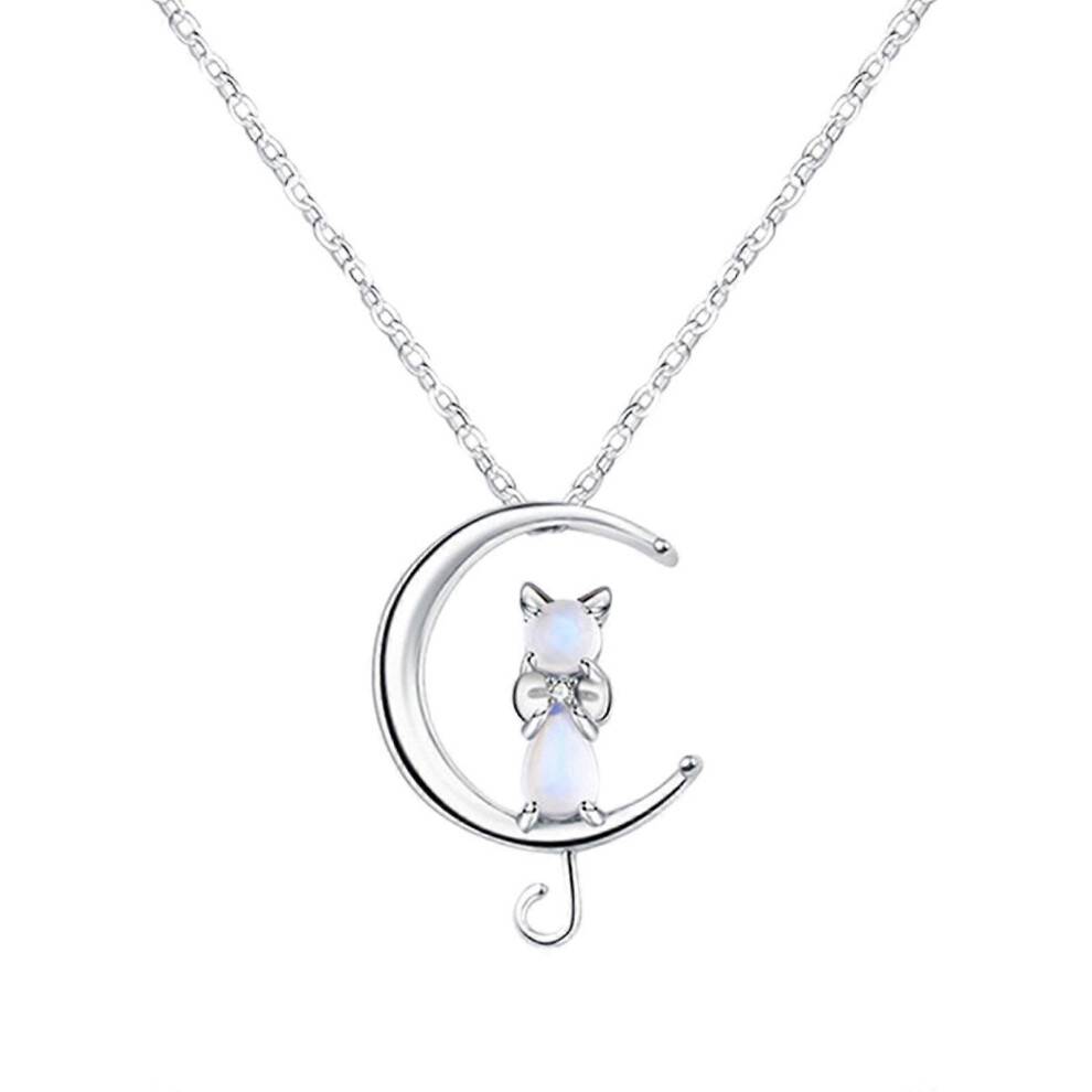 Women Moonstone Cat Pendant Chain Necklace Copper Jewellery