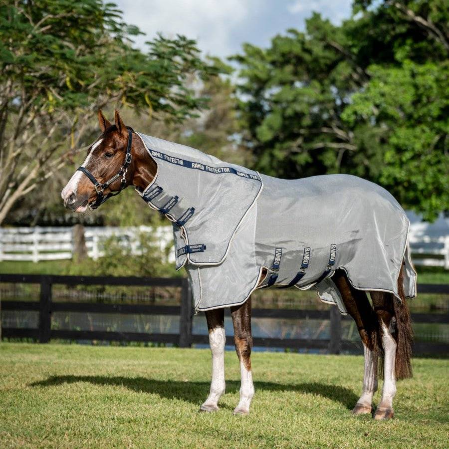 Horseware - Rambo Protector Fieldsafe Plus Insektdækken m. aftageligt hals - Grå/Navy/Hvid/Beige / 125