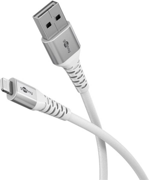 Goobay Lightning-USB-A supersoft textilkabel med metallkontakter, 0,5 m, vit MFi-certifierad, elegant och extra robust laddnings- och synkroniseringskabel för Apple iPhone/iPad (vit)