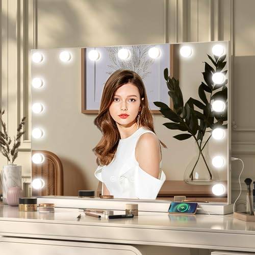 Ereousa Sminkspegel med belysning, stor Kosmetisk Spegel med 17 dimbara glödlampor, hollywood spegel med touch-kontroll, hållbart sminkbordsspegel för makeup (60 x 52 cm)