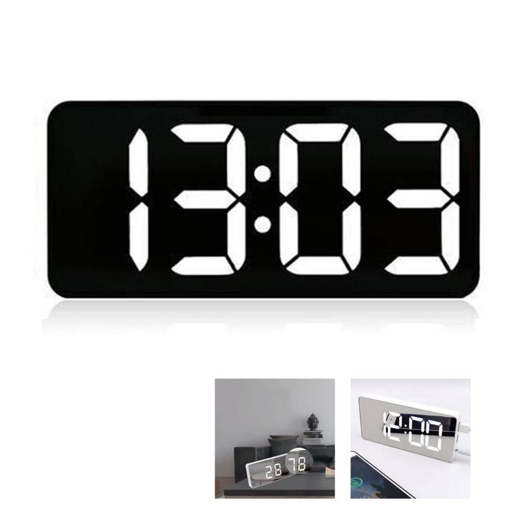 Snygg spegelväckarklocka, justerbar ljusstyrka, 13 melodier, dubbel USB-laddning, automatisk dimmer, temperatur- och datumvisning, placering