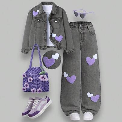 Tvådelad denimoutfit för tweenflickor, nyhet hösten 2025, snyggt och sött avslappnat tvättat set med nitar och pärlor, jacka och lösa jeans, skolgrå (8Y,9Y,10Y,11Y,12Y,13Y)