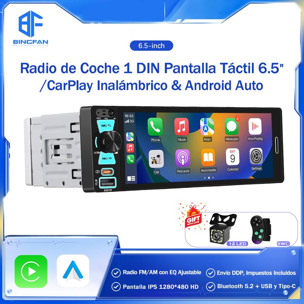 1din Universal Car Radio Android Auto CarPlay  Wireless Touch Screen FM/AM Car Stereo Mp5 Multimedia Player TF Port Camera