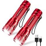 BUCASA Ficklampa LED uppladdningsbar, 2000 lumen extremt ljus LED-ficklampa med 3 lägen, 2 stycken zoombar ficklampa barn, vattentät lång livslängd blinkande ljus för camping utomhus (Röd)