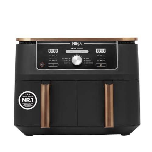 Ninja Foodi MAX Dual Zone Heißluftfritteuse, 9,5L Airfryer, 2 Fächer, mit Zange, Antihaftbeschichtung, spülmaschinenfeste Körbe, 6-in-1, Amazon Exklusiv, Kupfer/Schwarz, AF400EUCP