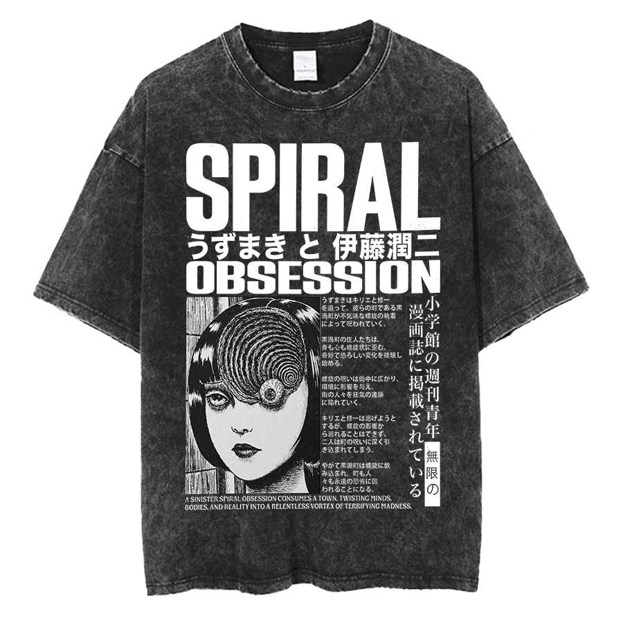 Junji Ito Anime Manga Uzumaki Överdimensionerad T-shirt 100% Bomull Vintage Tvättad T-shirt för män kvinnor hiphop streetwear UMK1 cm black