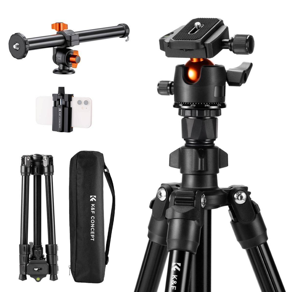 KENTFAITH K&F Concept 76.7 inch Camera Tripod with Rotatable Multi-Angle Center Column,Lightweight Travel Outdoor DSLR Tripods with 360 Degree Ball Head Load Capacity 8kg/17.6lbs, Cellphone Clips for Smartphone
