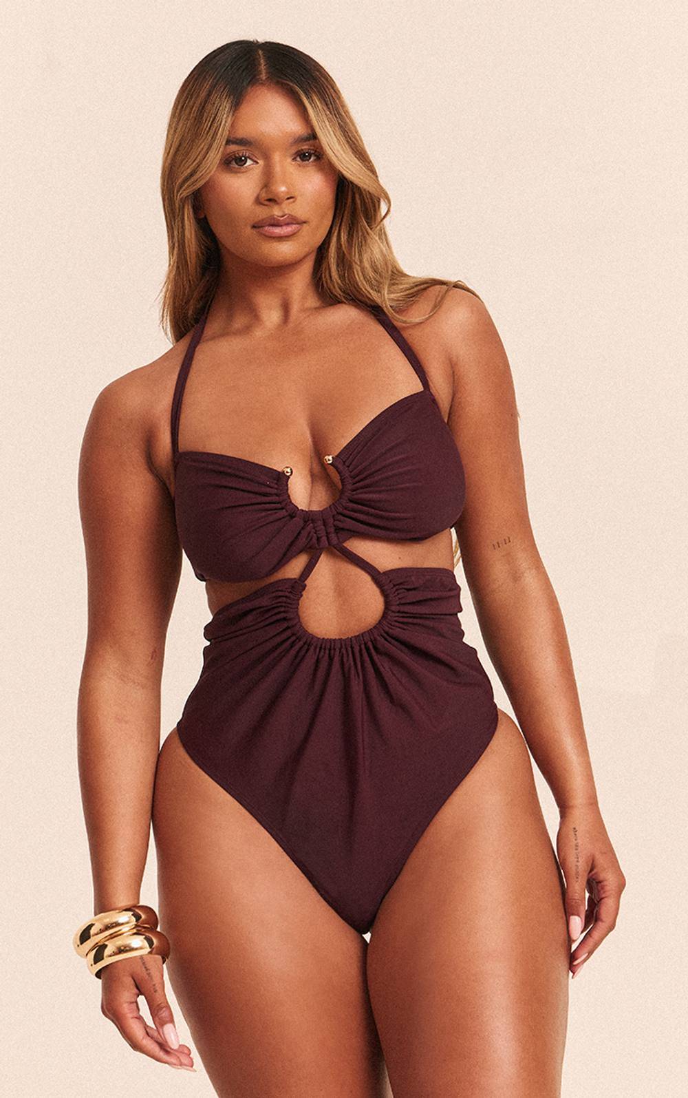 Shape Plum Ring Detail Ruched Swimsuit - plum - 18