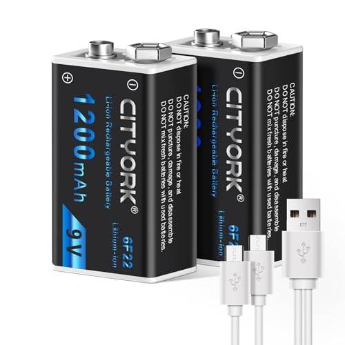 CITYORK 9 V blockbatteri, 2 stycken Li-Ion 1 200 mAh uppladdningsbart batteri med USB-laddningskabel för rökdetektorer, gitarr, kameror, walkie-talkies, leksaksfjärrkontroller, mikrofoner
