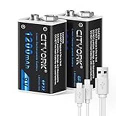 CITYORK 9 V blockbatteri, 2 stycken Li-Ion 1 200 mAh uppladdningsbart batteri med USB-laddningskabel för rökdetektorer, gitarr, kameror, walkie-talkies, leksaksfjärrkontroller, mikrofoner