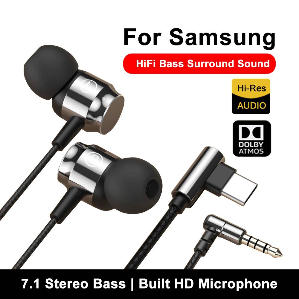 For Samsung Galaxy Wired Headphones Type C 3.5mm Heavy Bass In-Ear Earphones USB C With Mic Phone Tablet PC HIFI Music Earbuds