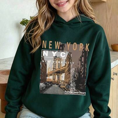 Höst hoodie för flickor med NEW YORK N.Y.C City-tryck och Follow Your Heart-slogan Y2K - Mörkgrön (8Y,9Y,10Y,11-12Y,13-14Y)
