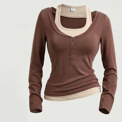 Färgblockig 2-i-1-design T-shirt för tonårstjejer, slim fit, casual grå topp med lång ärm, lager-på-lager-topp, dubbellager-topp - Brun (14Y,12Y,13Y,16Y,15Y)