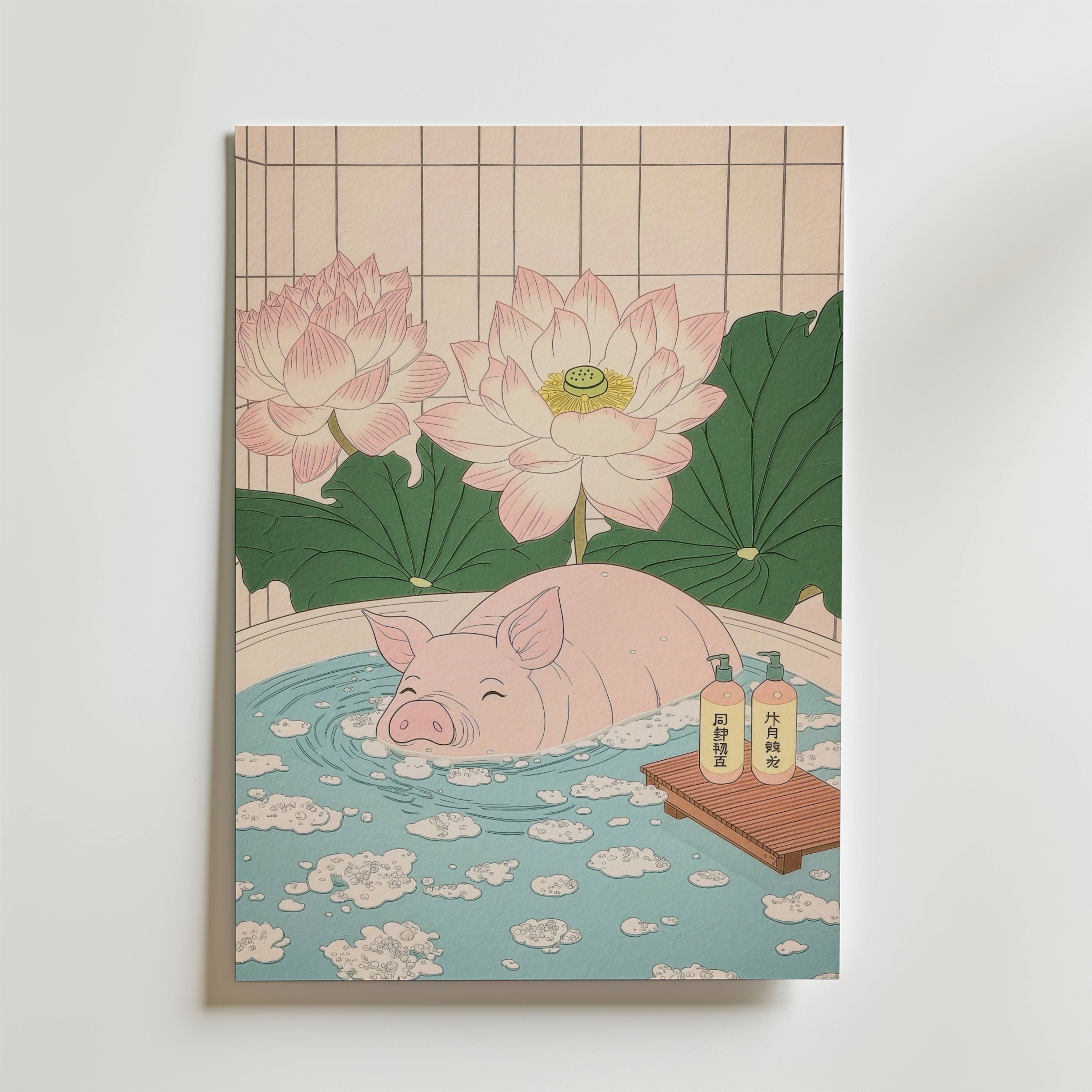 Pig In Lotus Bath Poster - Premium Canvas 21x30 cm