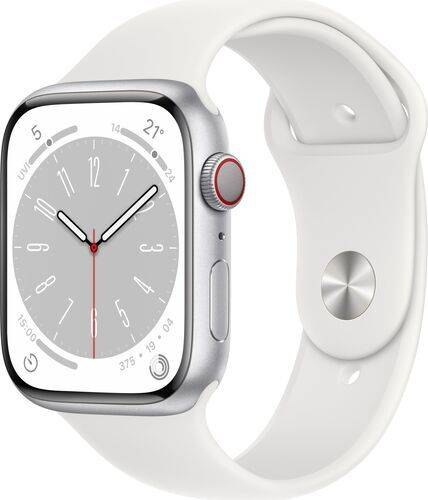 Apple Watch Series 8 Aluminium 45 mm (2022) | GPS + Cellular | Sølv | Sportsrem Hvid M/L